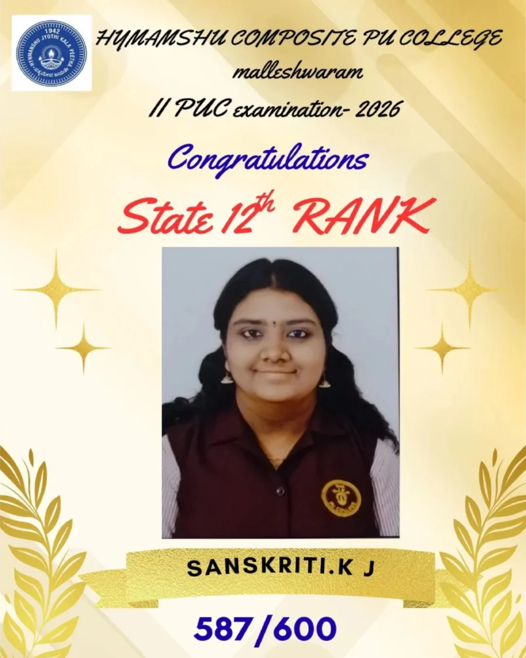 State 12th Rank II PUC 2026 Sanskriti K J