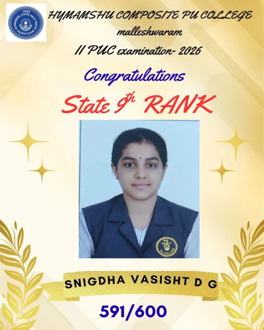 State 9th Rank II PUC 2026 Snigdha Vasisht D G